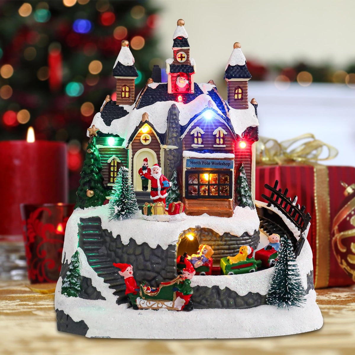 Vipush Christmas Village House Decorations Resin Little Train Home Decor Indoor Building Figurines Revolving Train with LED Light and 8 Christmas Music for Kids