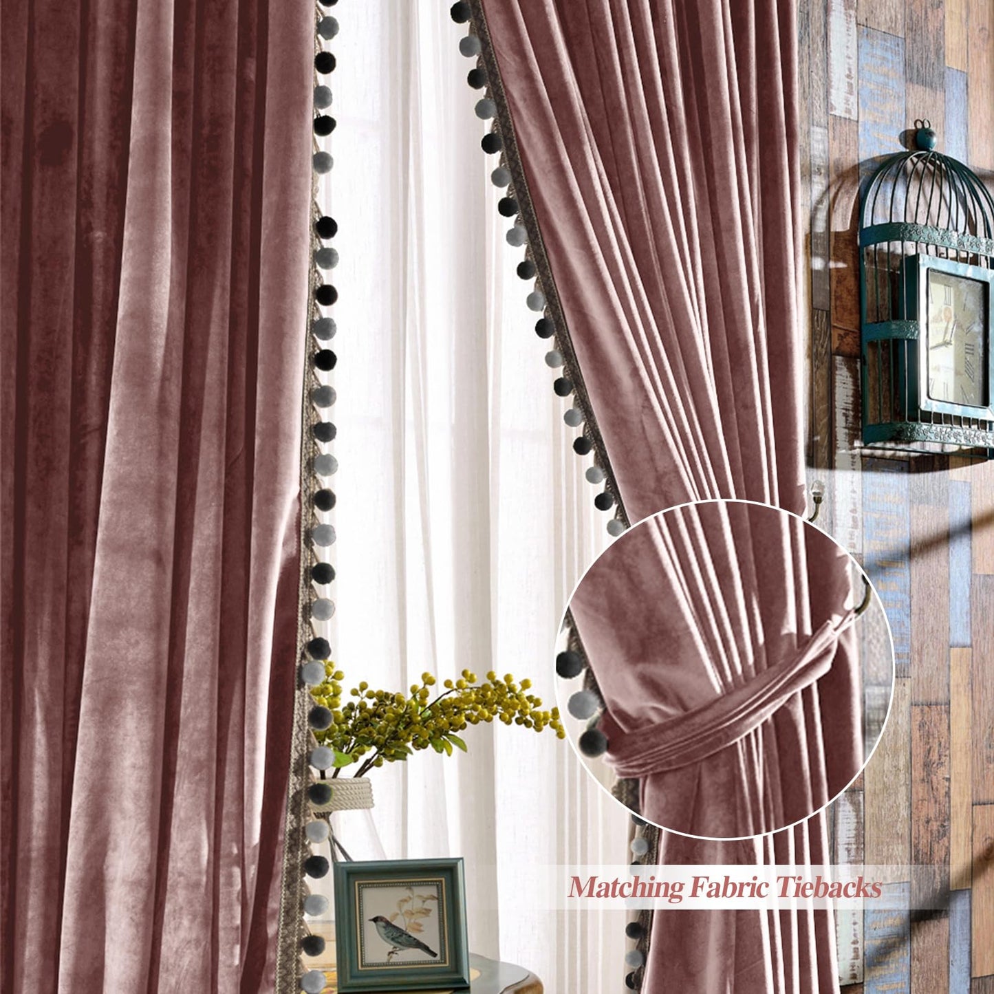 Melodieux Pom Poms Velvet Blackout Curtains for Bedroom Living Room, Vintage Luxury Thermal Insulated Rod Pocket Lined Drapes, 52" W x 84" L, Dusty Rose (2 Panels)