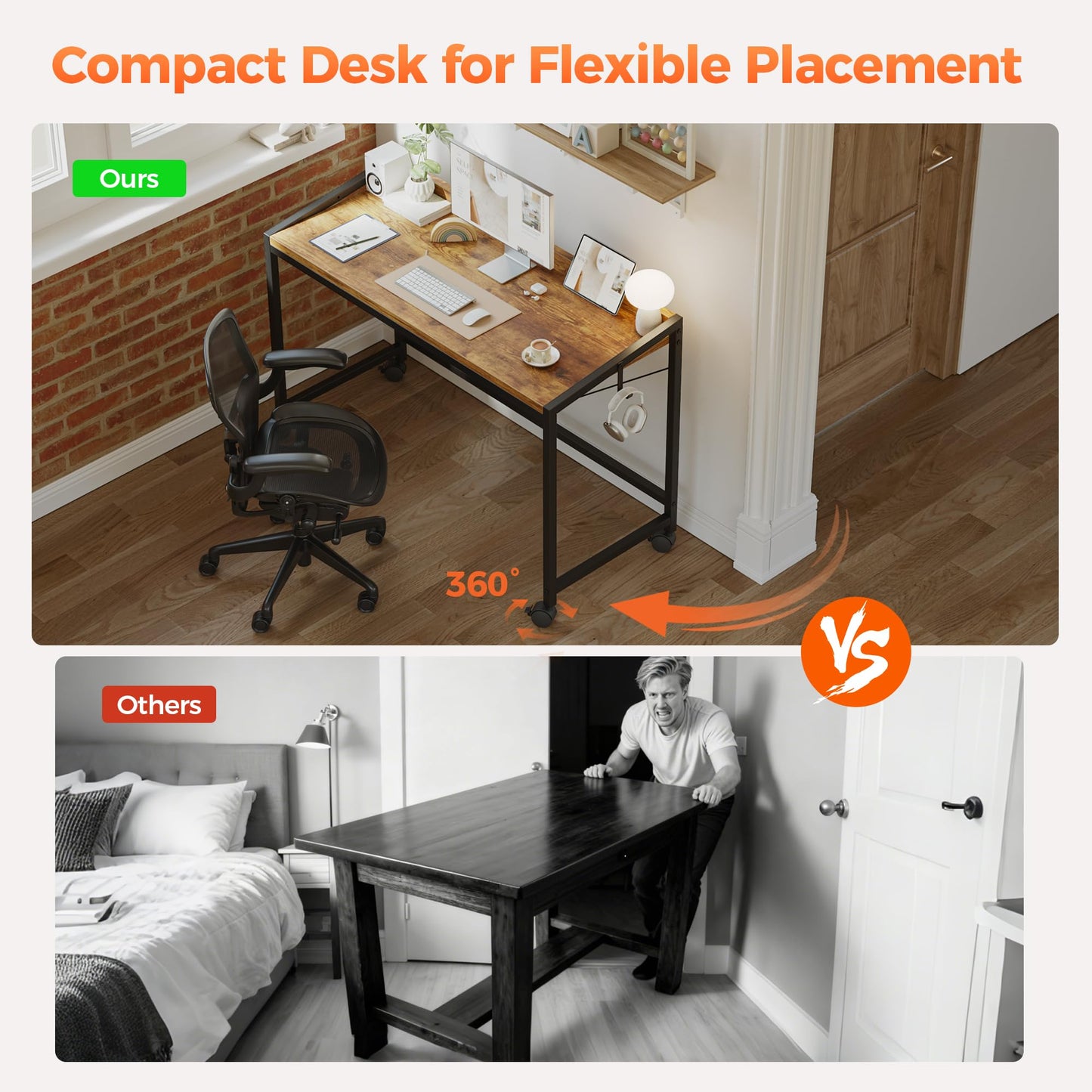 Mericonia 32 inch Rolling Computer Desk with Wheels, Gaming Desk for Small Spaces, Modern Simple Style Table for Home Office, Study Writing Table