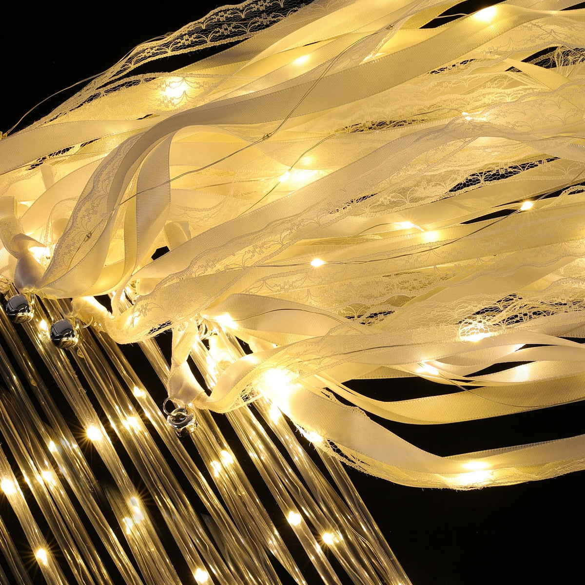 50 Pcs Wedding Wands Ribbon Streamers with 3 Colorful Flashing Modes, Light up LED Silk Fairy Wands, Glow Lace Stick with Bells for Wedding Reception, Graduation, New Year, Birthday Party (Warm White)