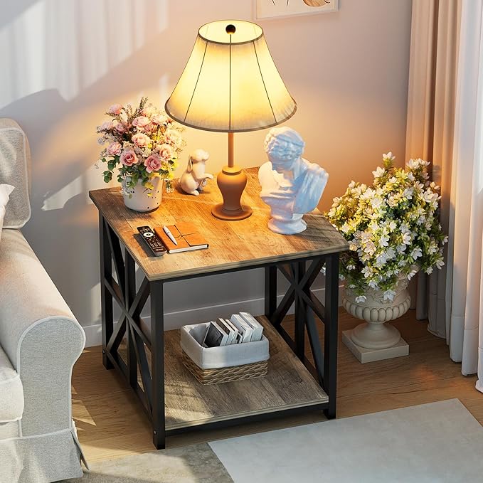 GreenForest End Table with 2-Tier Storage Shelf, 19.7 inch Side Table