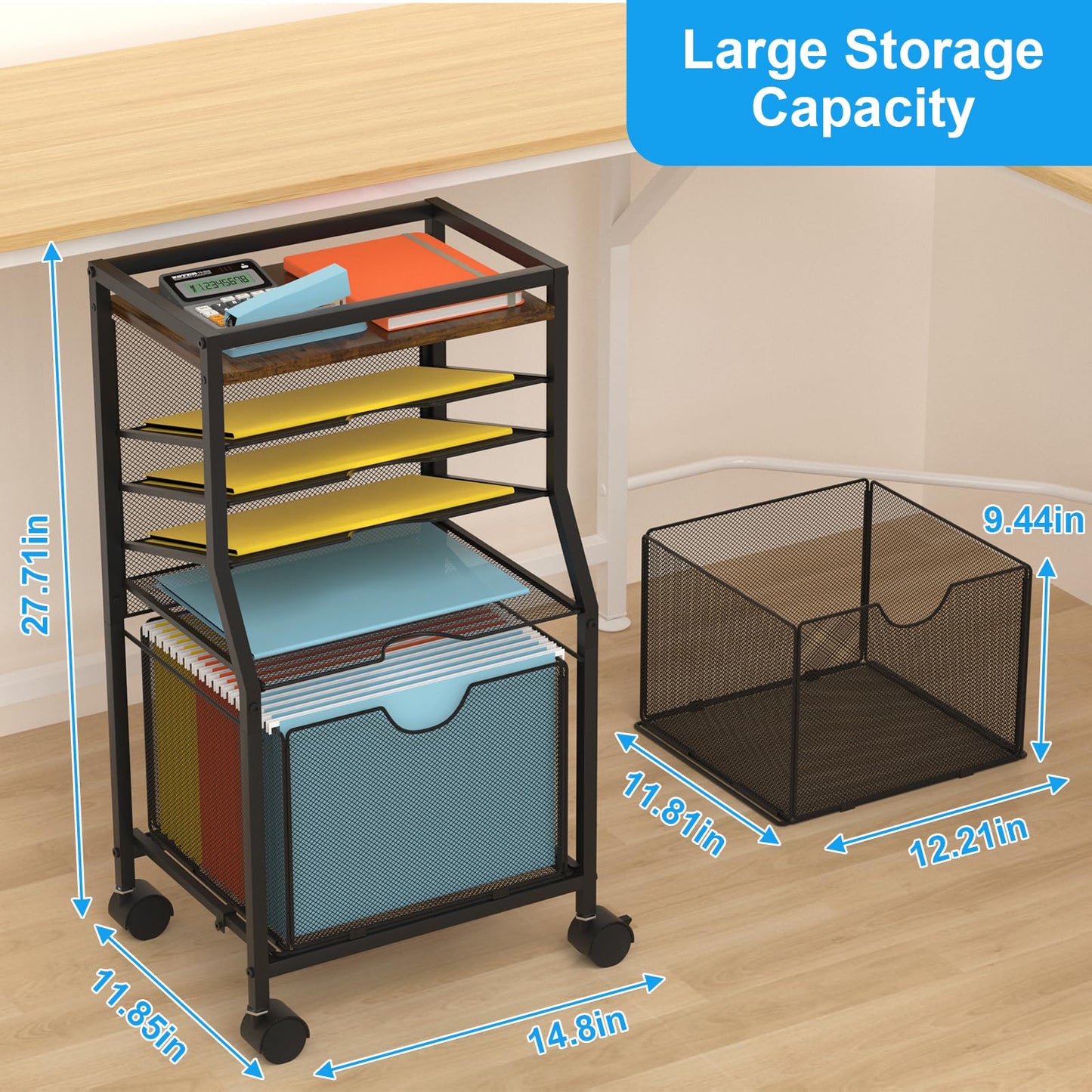 BOHDK Rolling File Cart, 6-Tier Desk File Organizer on Lockable Wheels, Brown Wood Planks & Mesh Sliding Hanging Folder Drawer, Organization Cart for Office Home School