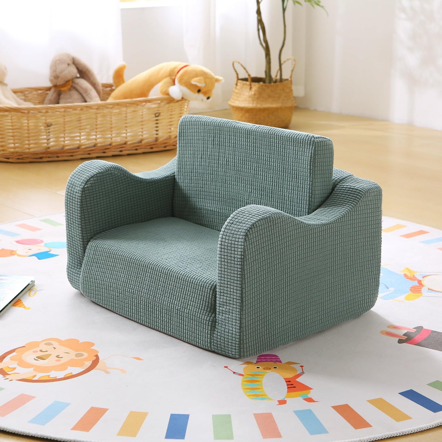 Toddler Couch 2-in-1 Flip Open Waffle Weave Kids Sofa, Forest Green