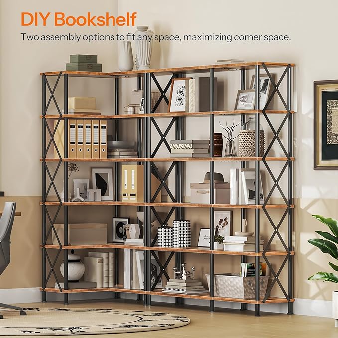 HOOBRO Corner Bookshelf, 6-Tier L-Shaped Bookcase, Industrial Open Display