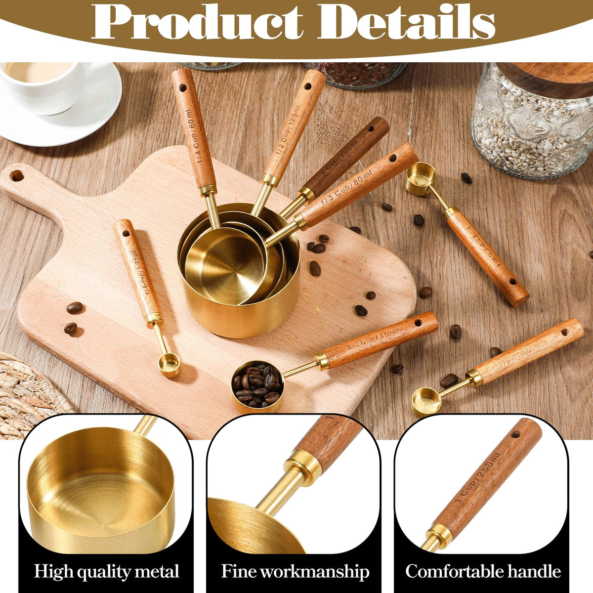 SHENLIU 8 Pcs Gold Measuring Cups and Spoons Set, Black Stainless Steel Measurings Cups with Wooden Handle, Metal Measuring Spoons and Measurings Cup Set for Kitchen Cooking Baking