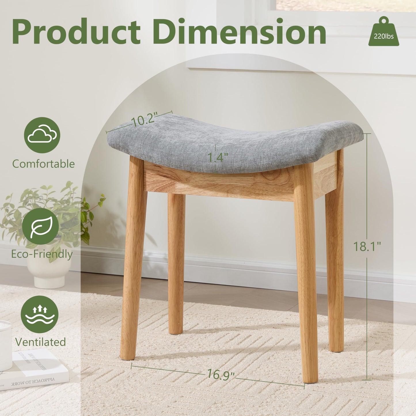 Royal Windsor Vanity Stool with Saddle Cushion, 18 Inch Makeup Vanity Chair for Living Room, Modern Foot Stool Ottoman Piano Bench,Small Upholstered Bench for Bedroom, Grey