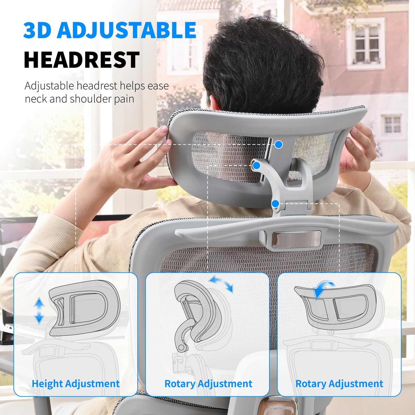 hujusko Mesh Ergonomic Office Chair with 6D Armrests,High Back Mesh Gaming Chair with Lumbar Support,Adjustable 3D Headrest for Home Office Desk Chair (Executive, Grey)