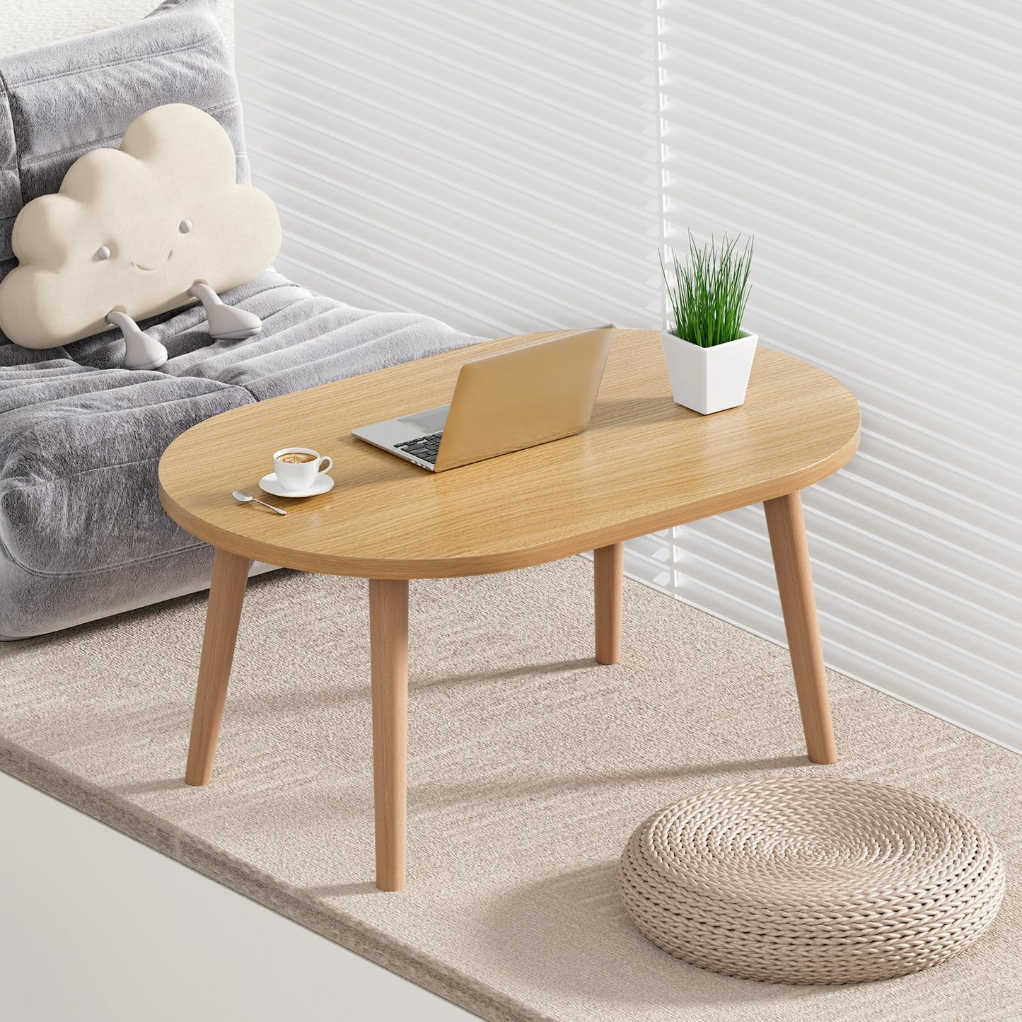 FAMIDGE Coffee Table, 23.6" Small Oval Coffee Tables for Small Space with 4 Solid Wood Leg, Floor Table Desk for Sitting on The Floor, Side Table Japanese Low Table for Living Room Apartment, Brown