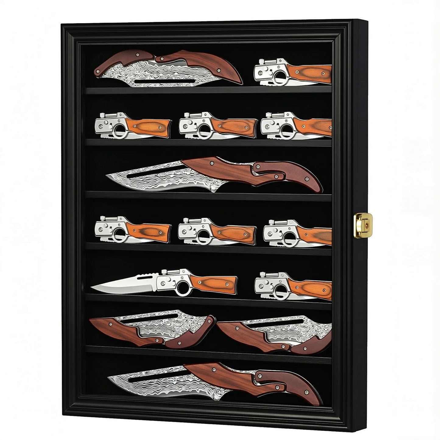 DisplayGifts Pocket Knife Display Case Stand Military Folding Knives Display Frame Shadow Box for Hunting Knives Collectibles with 98% UV Protection Lockable (Black Finish)