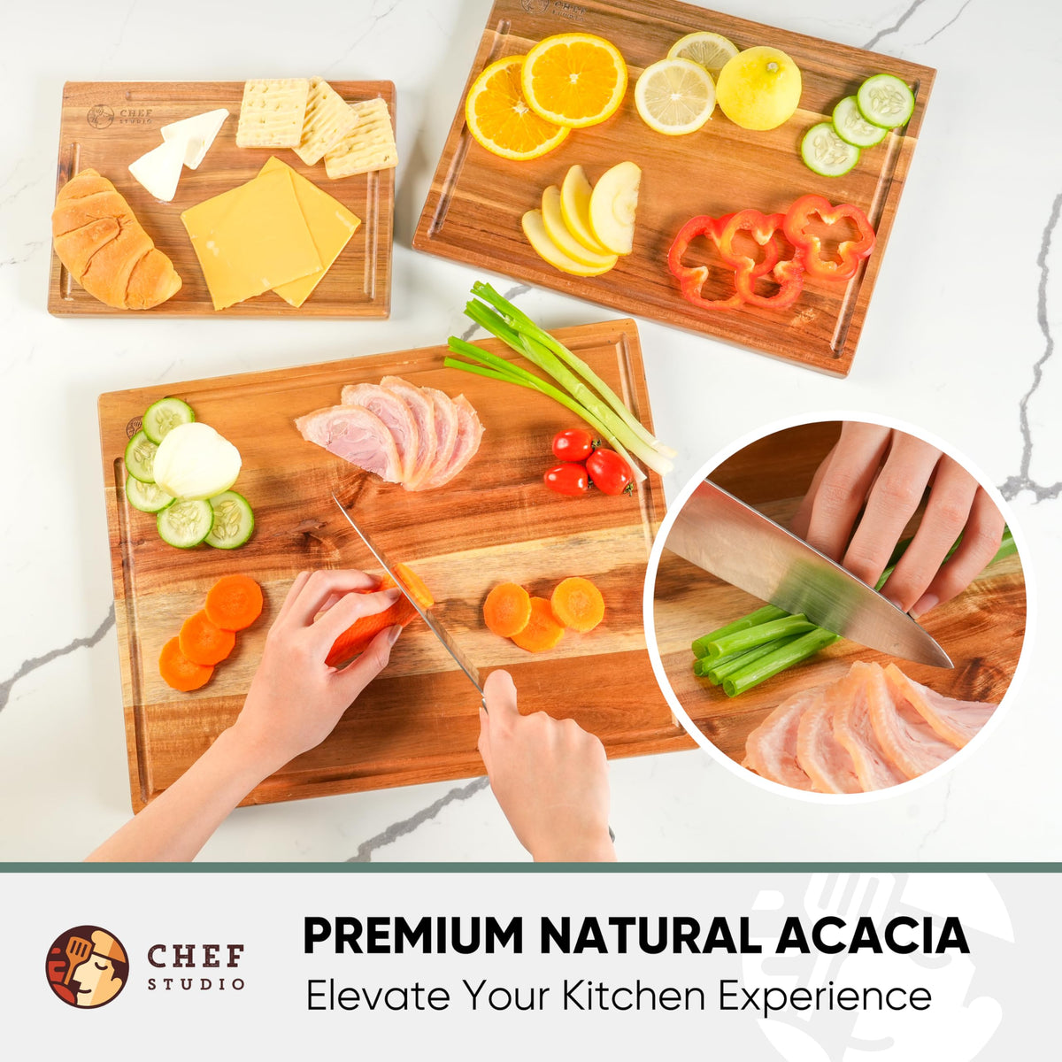Chef Studio Acacia Wood Cutting Board (Set of 3) – Wooden Cutting Boards for Kitchen, Chopping and Serving, Non Plastic Bamboo Alternative, Hostess Gifts for Christmas, Thanksgiving, New Year