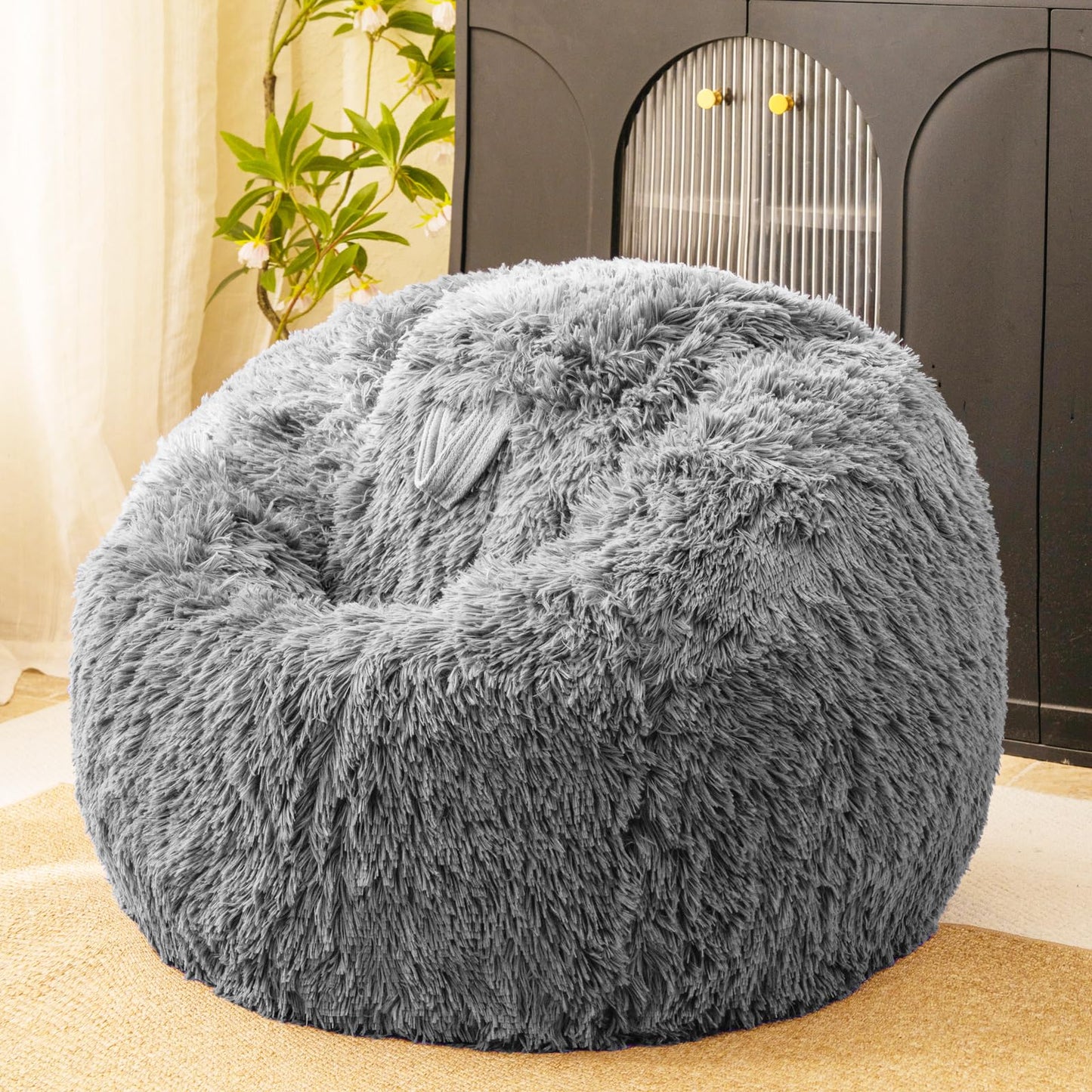 Dark Gray faux fur bean bag chair covers (No Filler), comfy Plush Dark Gray bean bag chair Cover for bedroom, stuffed animal Storage, kids adults teens girls bean bag chairs, Anti-Slip