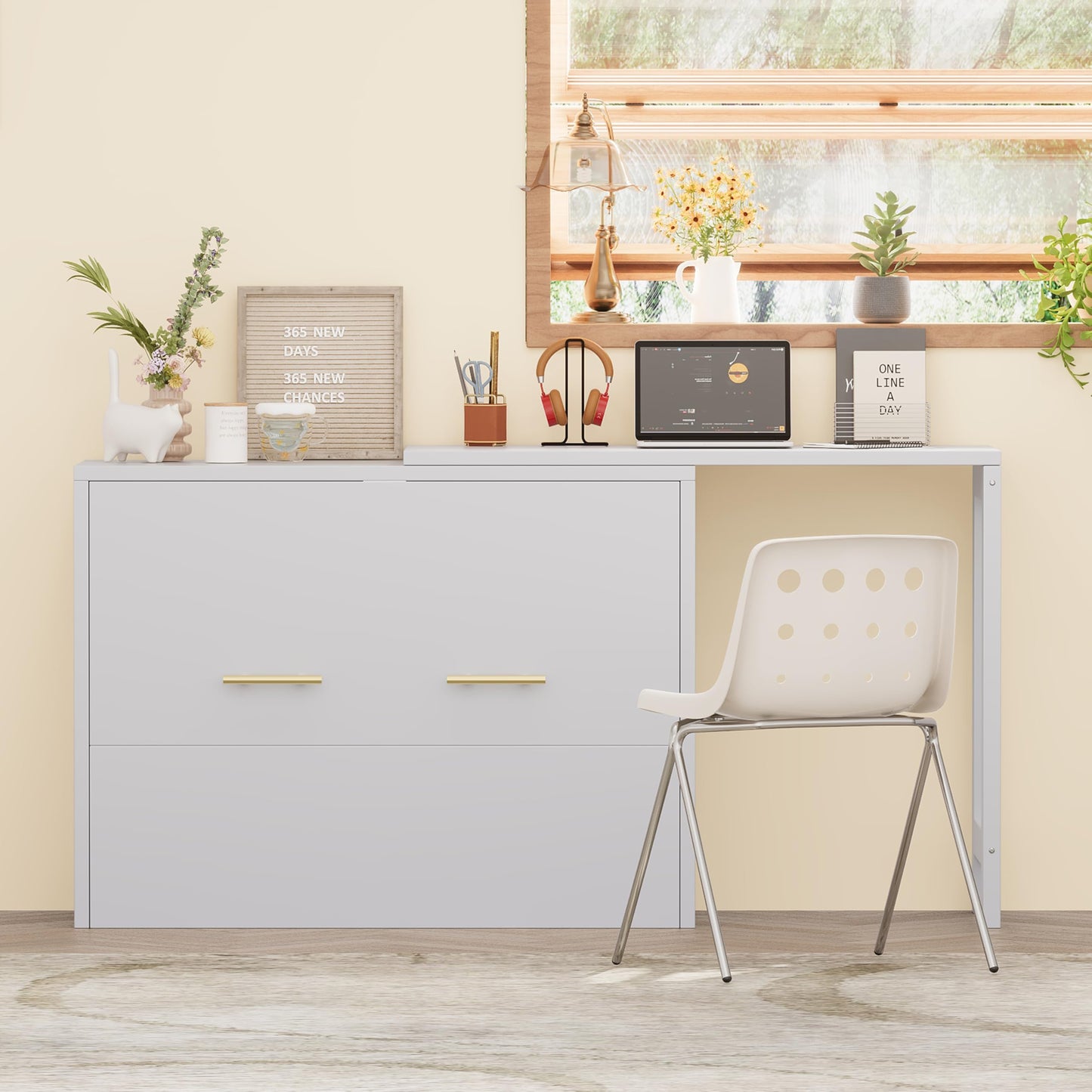 Twin Size Murphy Bed Cabinet - Multifunctional Bed with Adjustable Position Desk and Upholstered Folded Bed, Space Saving Beds with Wheels and Metal Handles, Hidden Beds for Small Spaces (Grey)