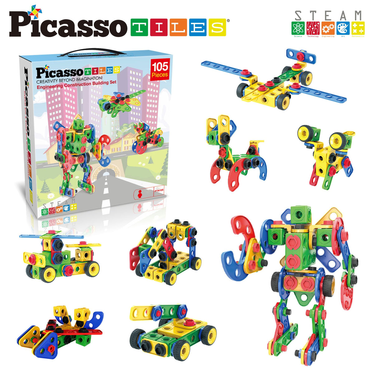 PicassoTiles STEM Learning Toys 105 Piece Building Block Set Kids Construction Engineering Kit Toy Blocks Children Early Education Playset w/IdeaBook, Power Drill, Clickable Ratchet, Age 3+ PTN105