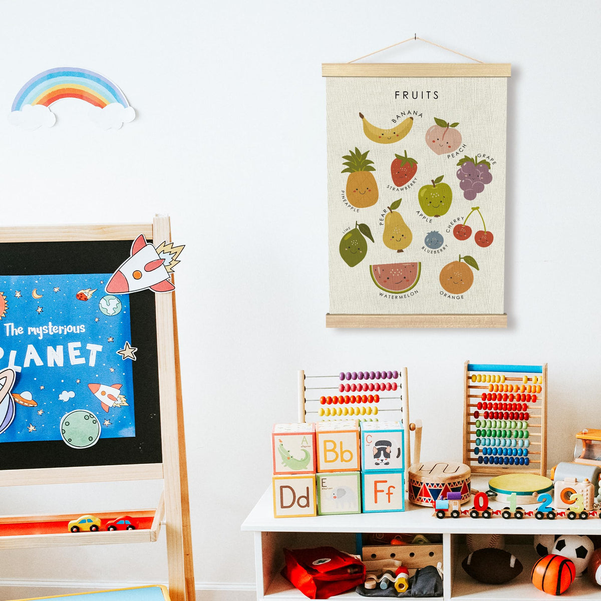 BCUANGD Fruits Vegetables Wall Decor - Toddlers Kids Preschool Poster Hanger with Wood Frames, Fruits Educational Learning Wall Hanging Canvas Decor for Kids Room Nursery Home, 12x16 Inches