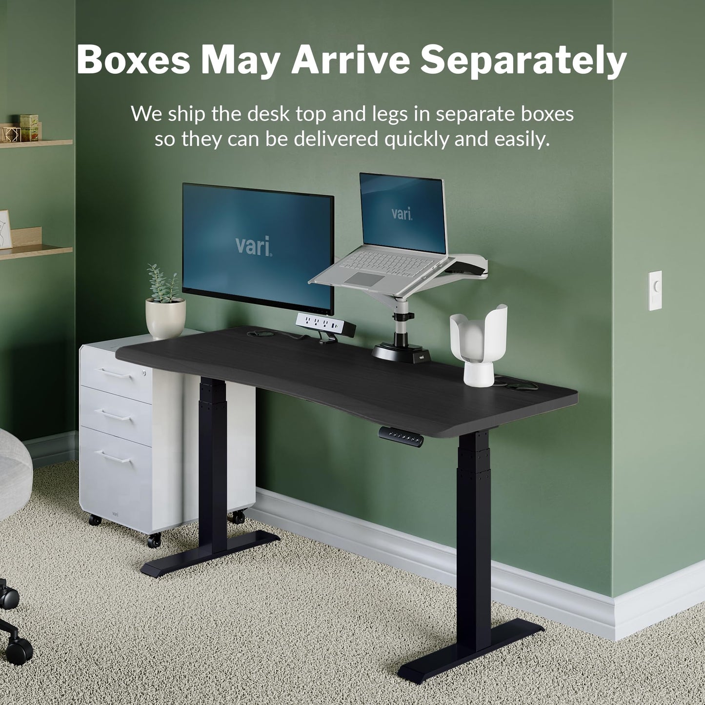 Vari Ergo 54x26 Electric Standing Desk + Height Adjustable Sit-Stand Desk + Curved Waterfall Edge, 4 Memory Settings, Quick Assembly, Cable Management, 200 lb Capacity – Black/Black Legs(2 Boxes)