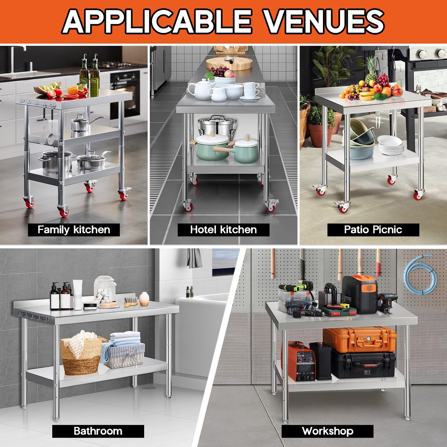 30x72in Stainless Steel Prep Table - NSF Certified Metal Surface with Adjustable Undershelf, Hooks & Backsplash for Home, Restaurant, Hotel & Garage Use