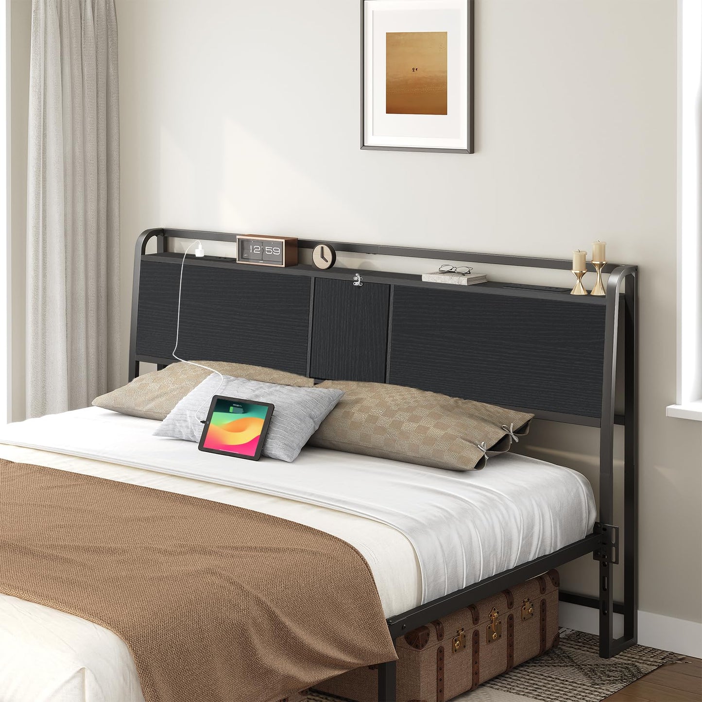 MAHANCRIS Headboard Queen Size Only, Headboard with 2 Power Strips, Industrial Head Board with Flip Door and Bed Frame Adapter, Height Adjustable, Black