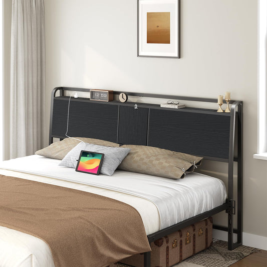 MAHANCRIS Headboard Queen Size Only, Headboard with 2 Power Strips, Industrial Head Board with Flip Door and Bed Frame Adapter, Height Adjustable, Black