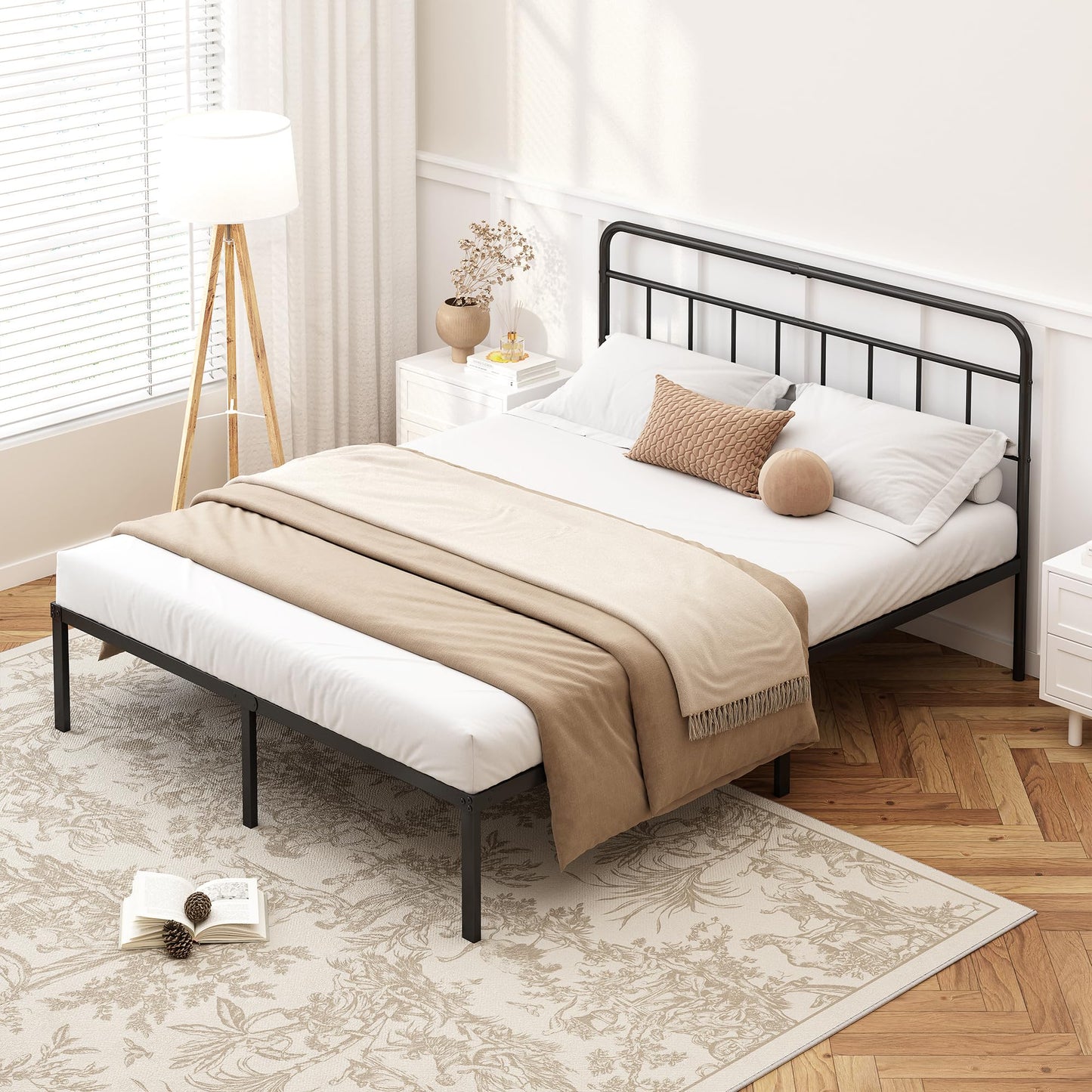 Kujielan 12 inches Queen Size Bed Frame with Minimalist headboard,Metal Platform Base with Strong Metal Slats,Mattress Foundation for Under Bed Storage,Easy Assembly,Black