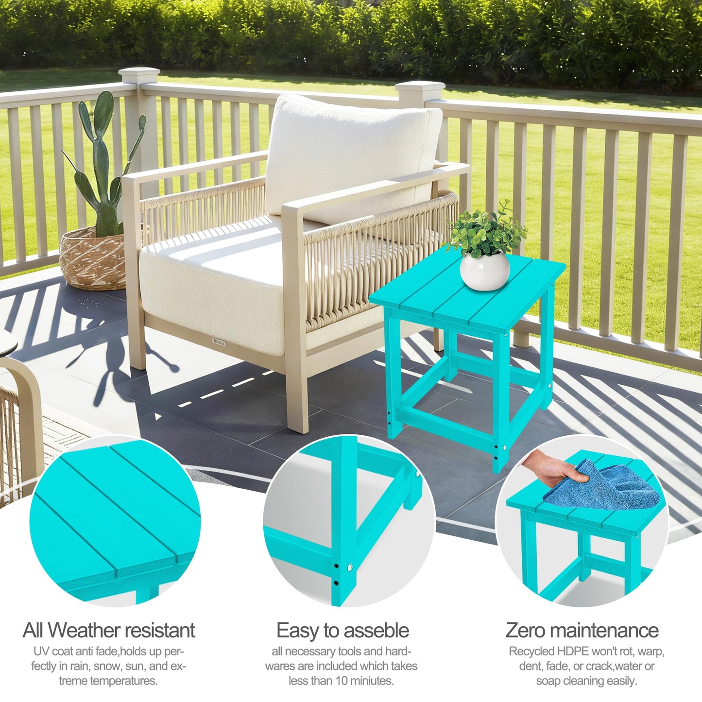 LZRS Square Patio Side Table, Heavy Duty HDPE Outdoor End Table with Wood Texture, Weatherproof Composite Table for Adirondack Chairs, Deck, Pool, Indoor/Outdoor, No Peeling or Cracking(Turquoise)