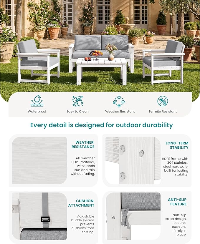 SERWALL 2 Pieces Single Cushioned Lounge Chair, HDPE Outdoor Adirondack Sofa