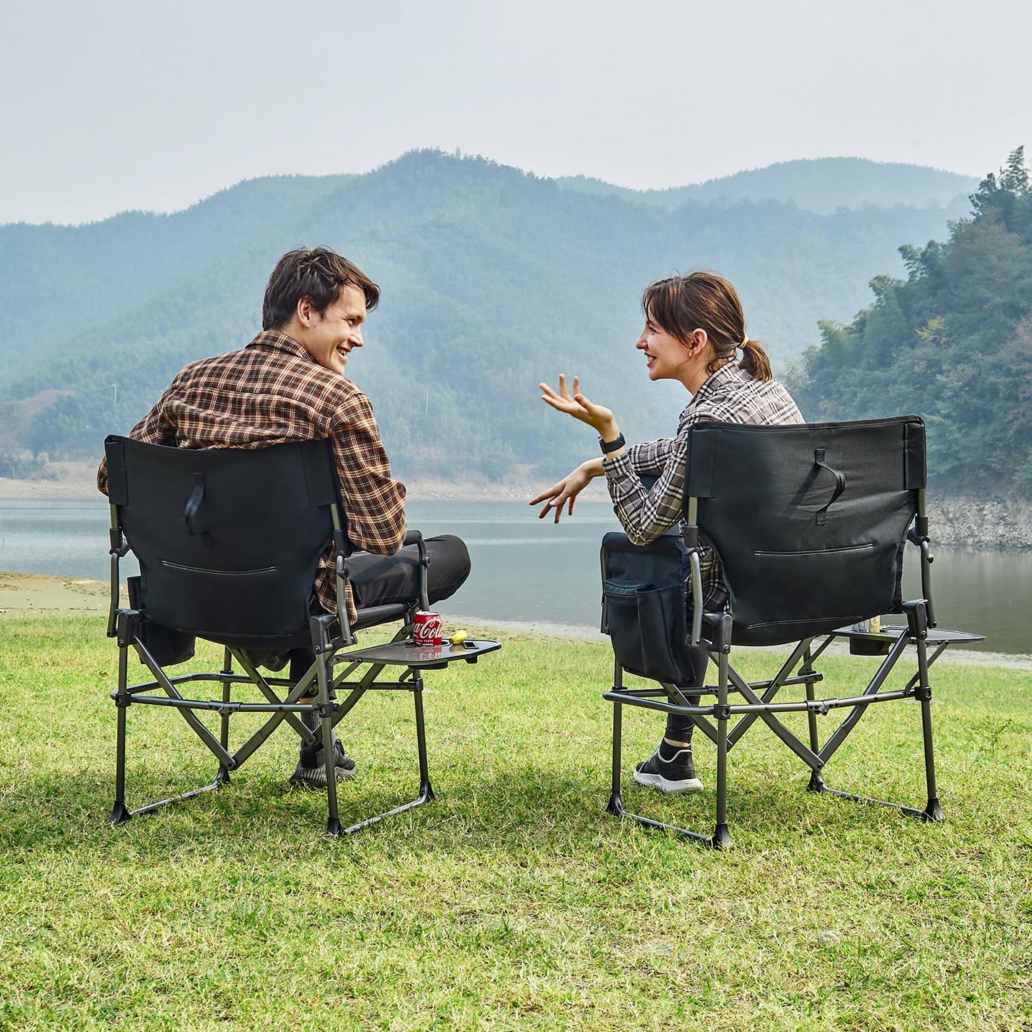 EVER ADVANCED Camping Directors' Chair with Side Table, Portable Folding with Compact Size, Heavy Duty Lawn Chair with Pocket for Camping, Lawn, Sports and Fishing, 400lbs, Black 2 Pack