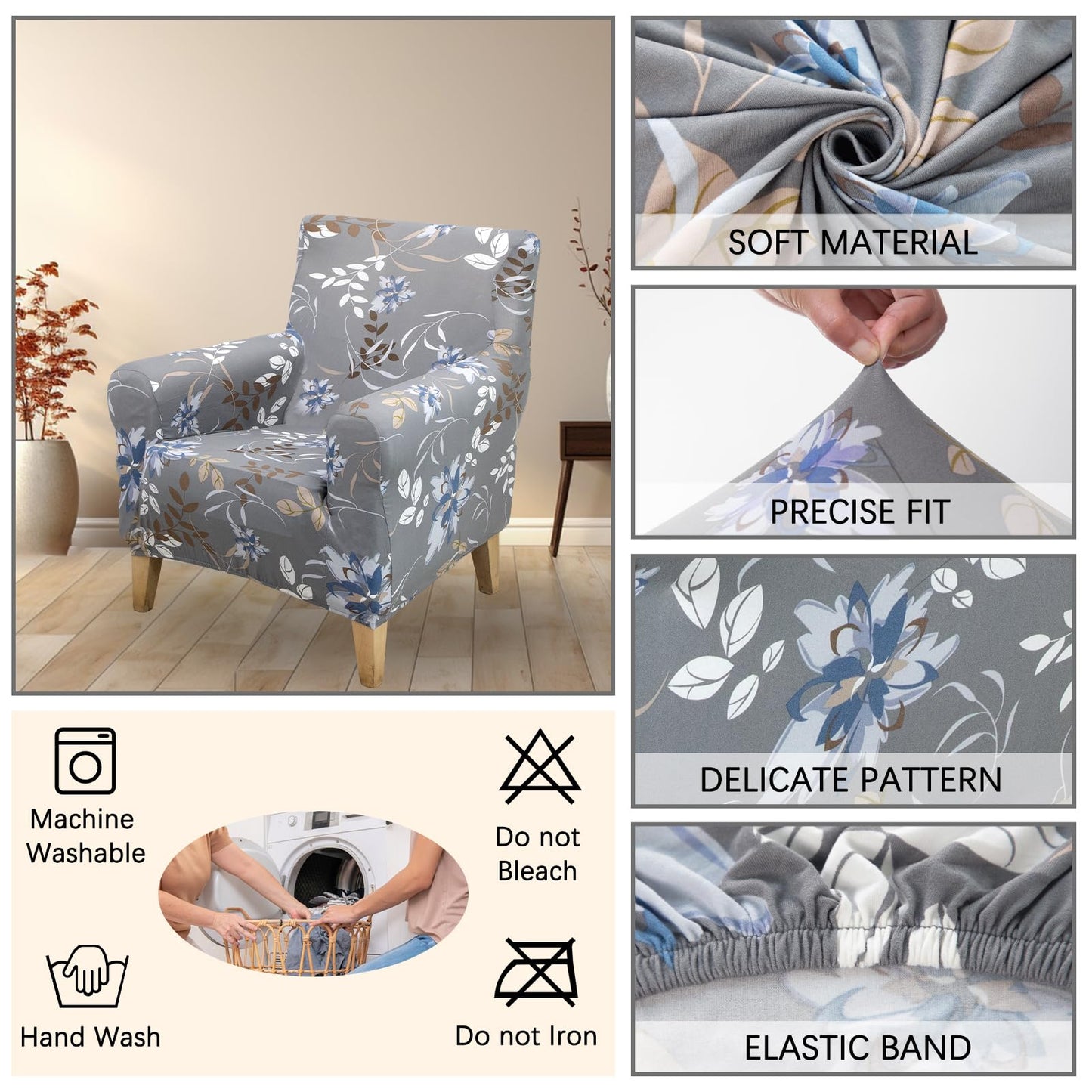 Adigau Armchair Covers Stretch Single Seat Couch Slipcover Washable Furniture Protector Modern Arm Chair Cover for Living Room/Bedroom (Grey Flower)