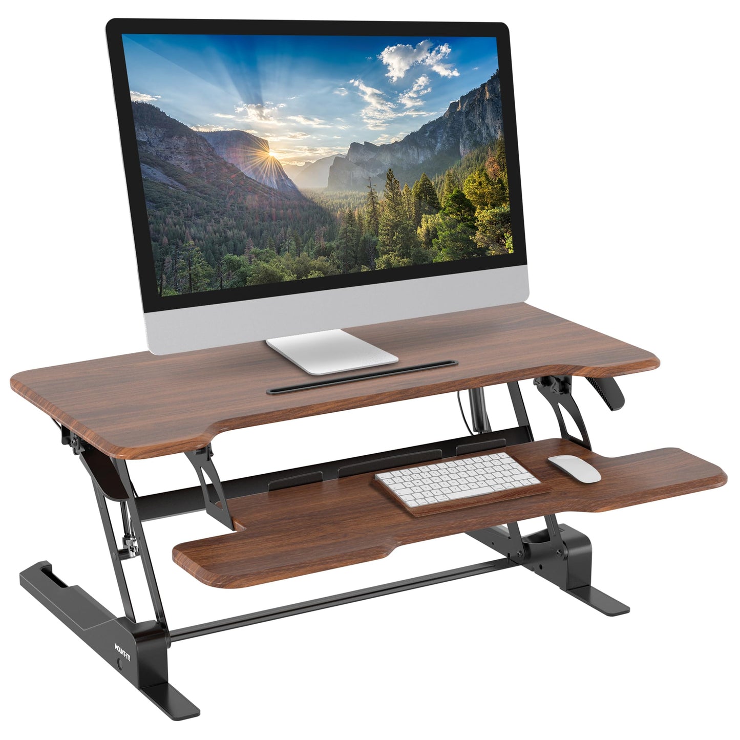 Mount-It! Large 38 Inch Standing Desk Converter, Sit Stand Desk Riser for Dual Monitors with Keyboard Tray, Height Adjustable Desktop Workstation, Easy Lift Gas Spring, Rustic Walnut Brown