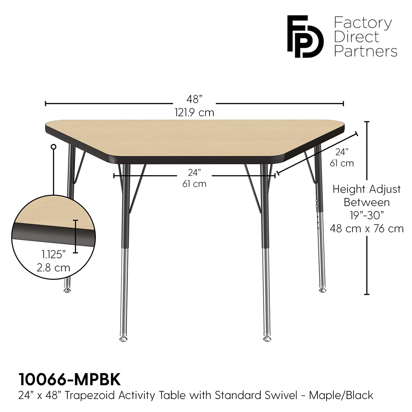 FDP Trapezoid Activity School and Office Table (24 x 48 inch), Standard Legs with Swivel Glides for Collaborative Seating Environments, Adjustable Height 19-30 inches - Maple Top and Black Edge