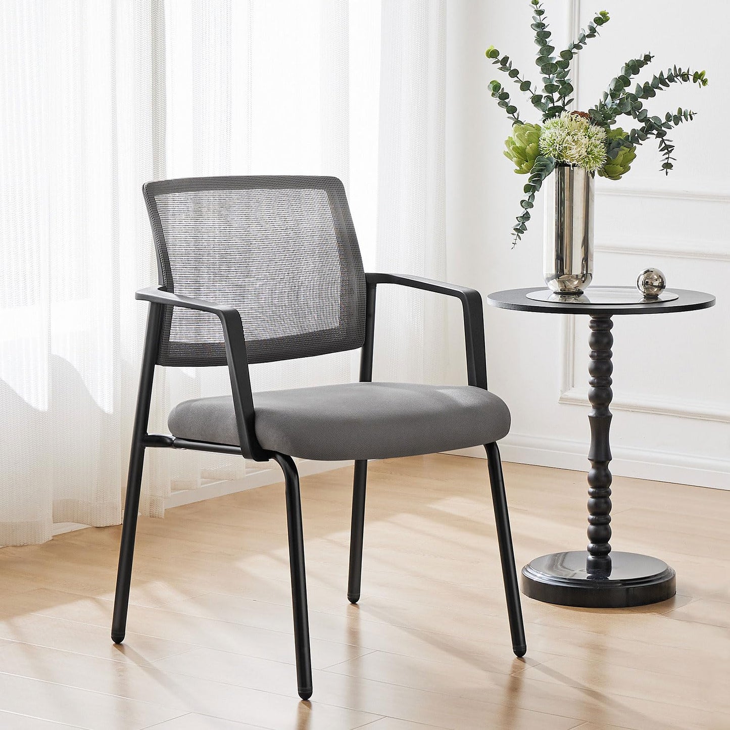 Mesh Back Stacking Arm Chairs, Office Reception Guest Chair with Upholstered Fabric Seat and Ergonomic Lumber Support, Sturdy Metal Office Chairs, Grey-1pack