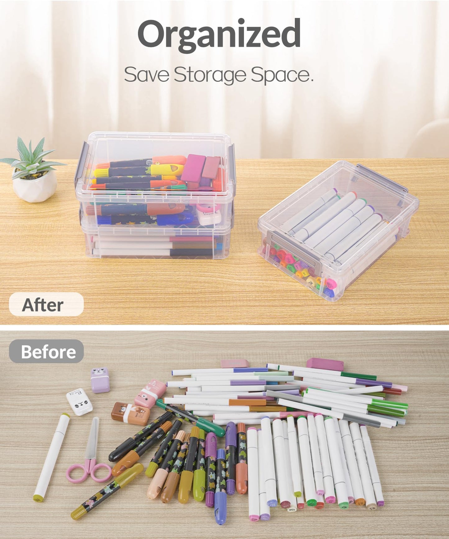 Sooez 6 Pack Extra Large Pencil Box, Plastic Pencil Case Crayon Box Bulk, Clear Marker Organizer Plastic Containers with Lid, Stackable Storage Boxes for Art Craft Pen, Back to School Supplies, Purple