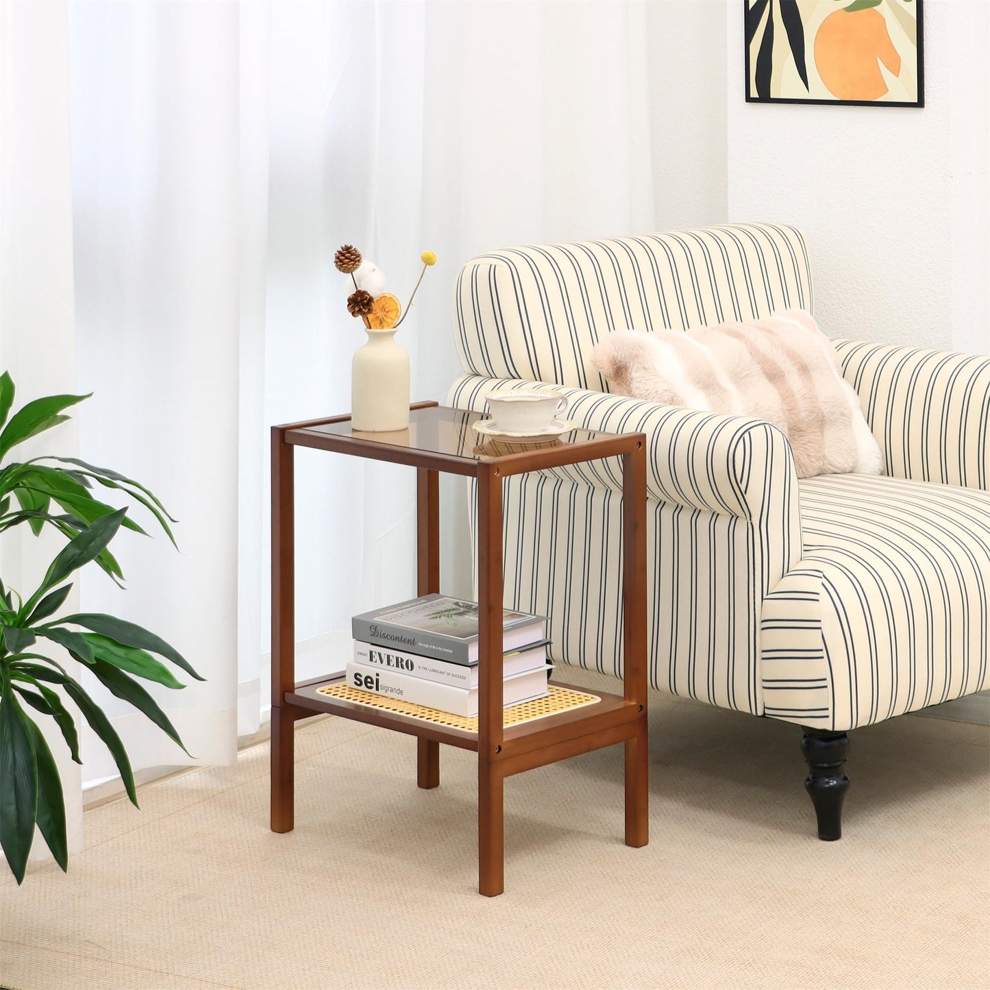 Mordchil HF 2-Tier Bamboo Side Table, Modern Glasstop Rattan Side Table, Mid Century Wood Sofa-Side End Tables for Living Room, Bedroom Night Stand with Storage, Small Narrow Coffee Tables, Walnut
