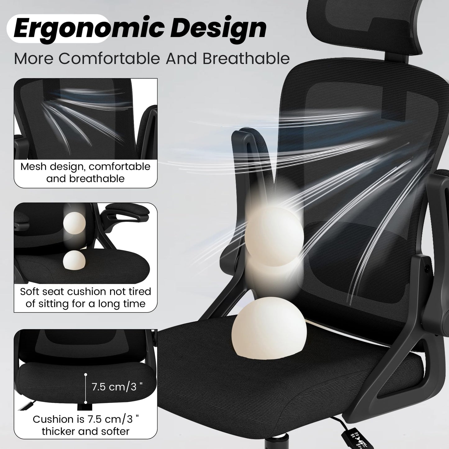 Fizzin Office Chair, Ergonomic Office Chair with High Back Mesh and Adjustable Lumbar Support, Home Mesh Office Desk Chairs with Wheels, Comfortable Gaming Chair for Long Hours (Deep Black)