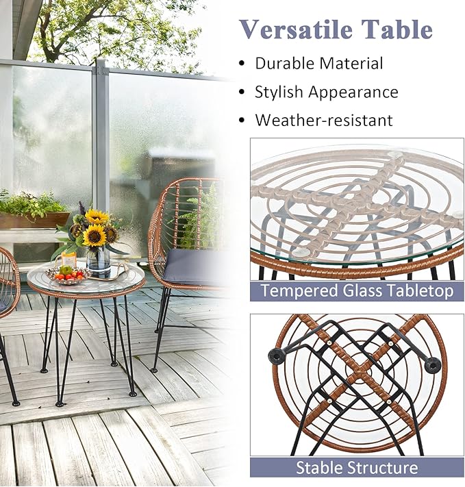 Tangkula 3 Pieces Patio Conversation Bistro Set, Outdoor Wicker Furniture