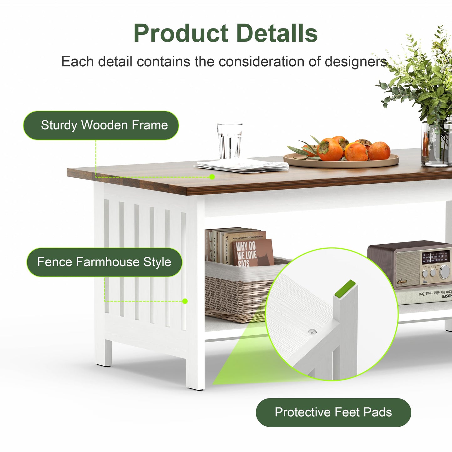 YOSHOOT 39.4" Farmhouse Coffee Table - Coffee Tables for Living Room, Small Coffee Table with Storage, Center Table for Living Room, Bedroom, Office, White