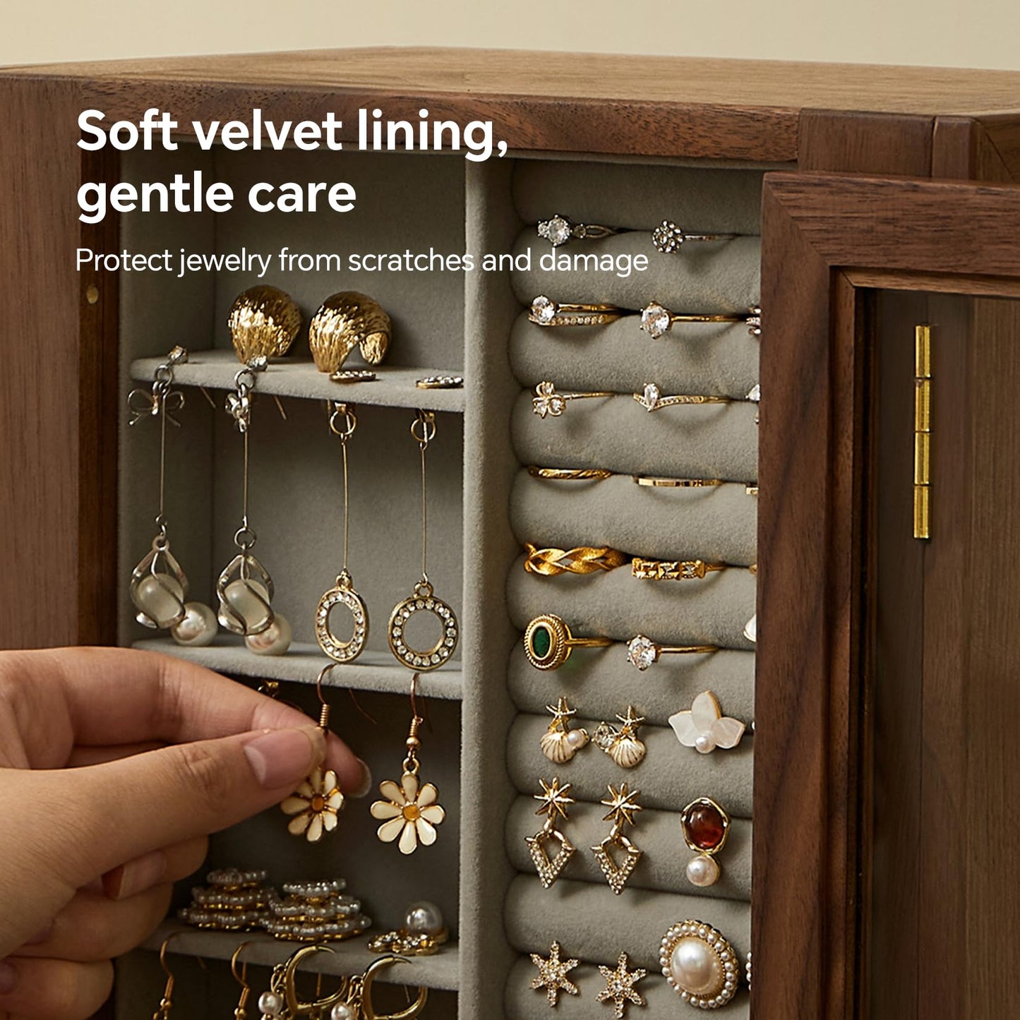 THFLSTR Wooden Jewelry Box for Women, 360 Rotating Design,Large Jewelry Organizer with Velvet Lining, 5 Drawers, Transparent Glass Doors, Black Walnut Wood Grain, Jewelry Storage Organizer