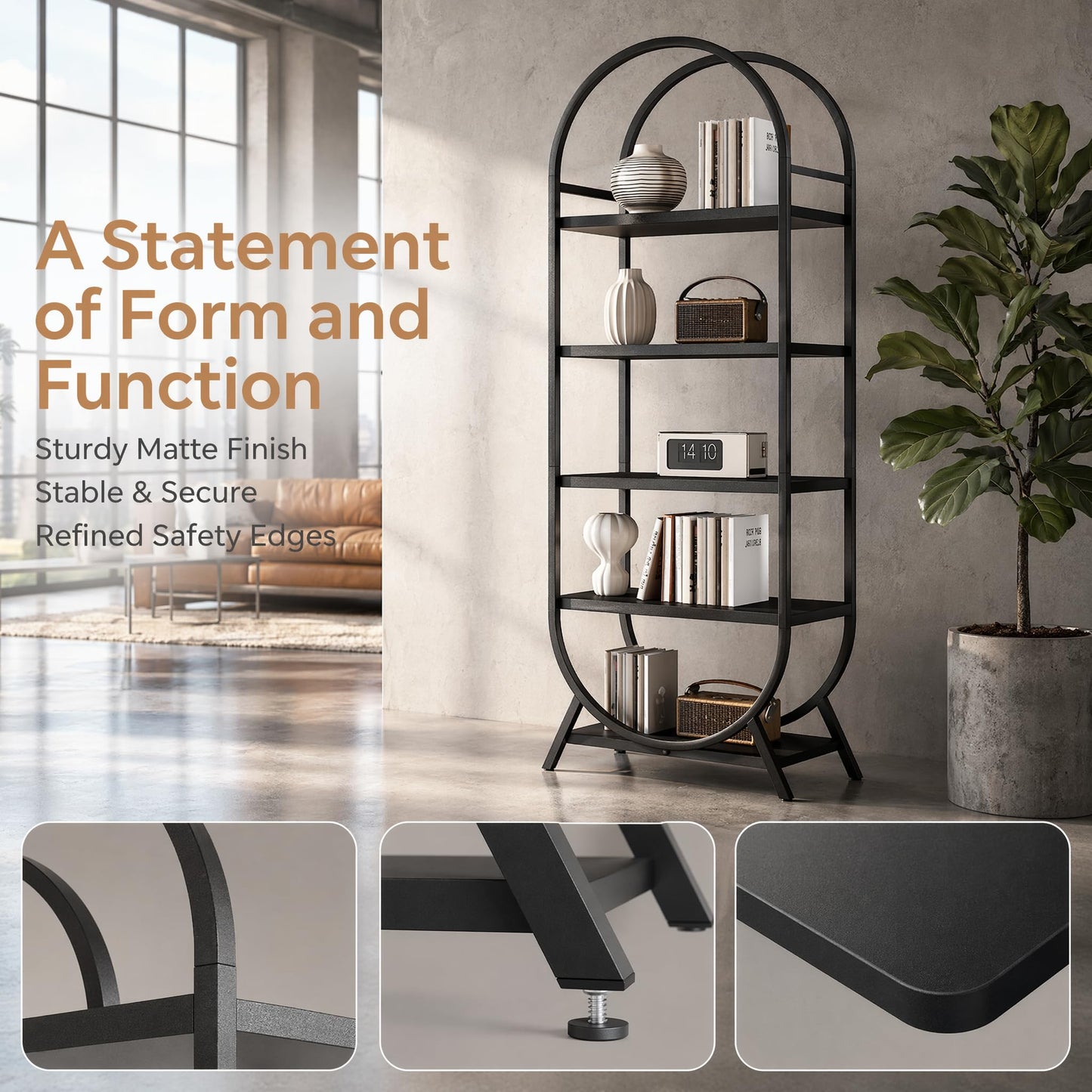Kogven Bookshelf Arched Bookcase, Industrial 5 Tier Open Book Shelves with Metal Frame, 72" Tall Freestanding Display Rack for Home Office, Living Room, Black