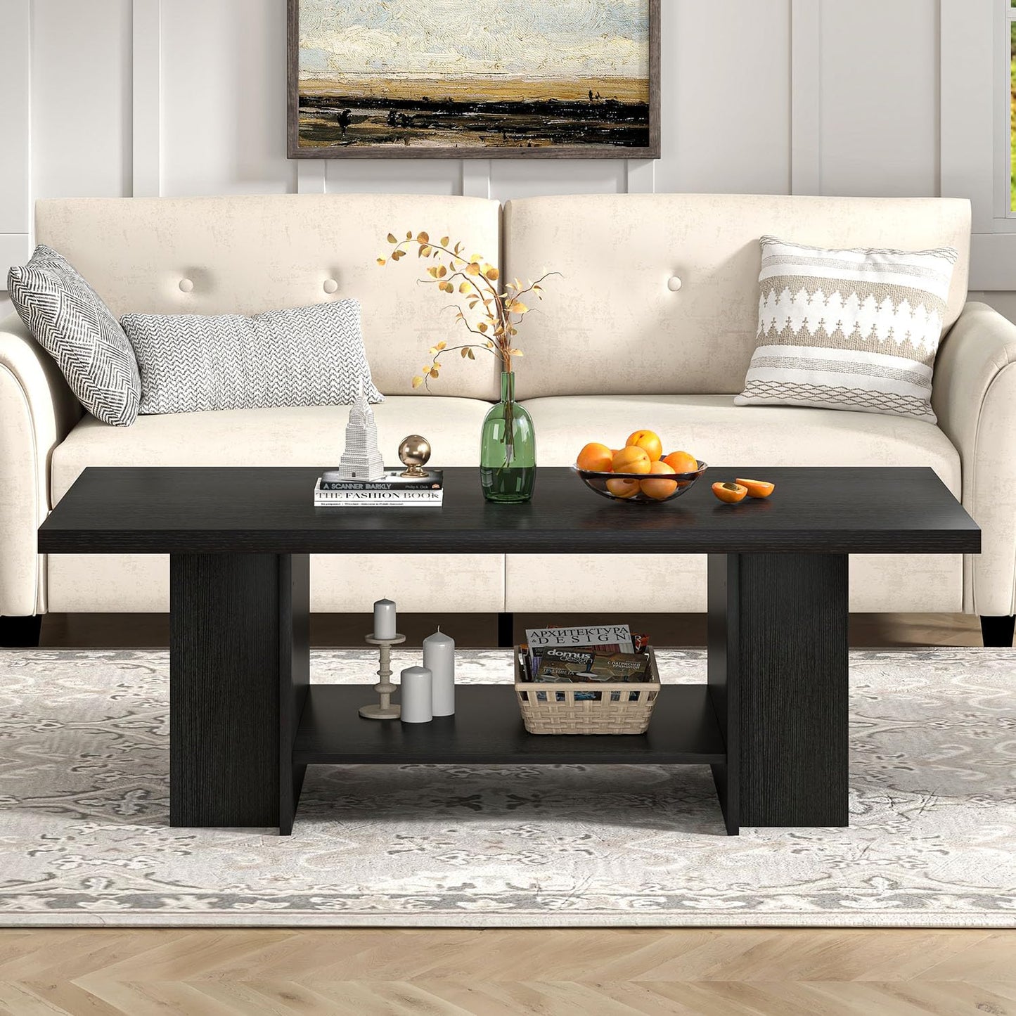 FOLUBAN Black Coffee Table with Storage Bottom Shelf & Side Shelves, Modern 2-Tier Living Room Center Table, Rectangular Wood Cocktail Tea Table for Home Office, 47 Inch