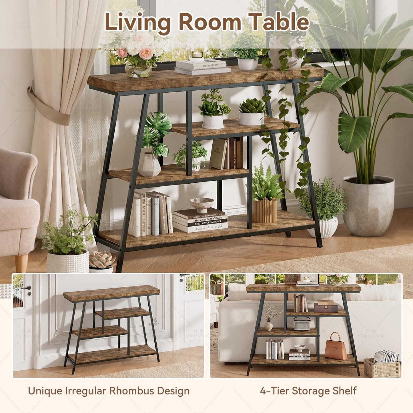FJLHOHG 43.3" Console Table, Industrial 4-Tier Sofa Table Entryway Table with Arched Metal Frame, Storage Shelves, Narrow Wood Accent Tables with Small Spaces,Living Room,Hallway,Foyer, Rustic Brown