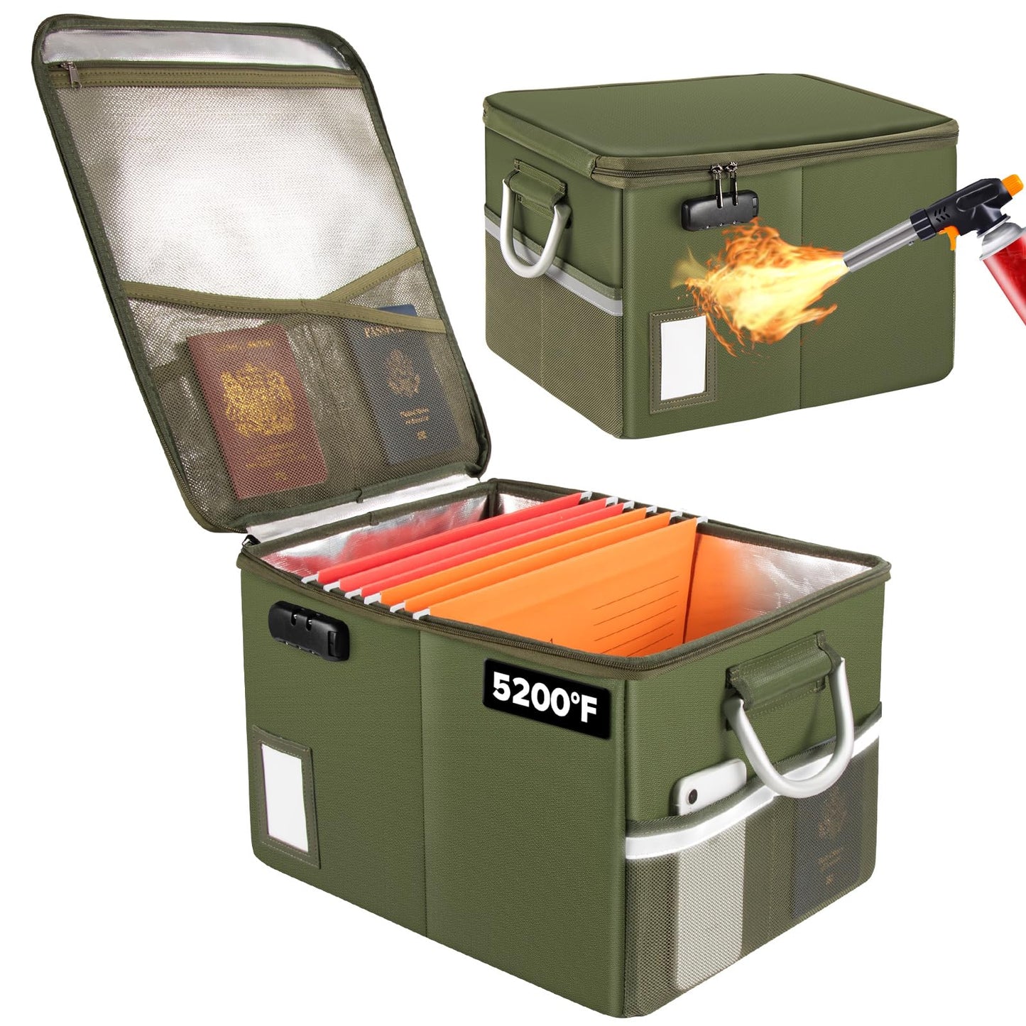 TOMKID 5200°F Fireproof Document Box, Fire Important Document Organizer with Lock, Upgraded Heat Insulated Filing Storage Cabinet Office Organization (5200°F Fireproof Box, Green)
