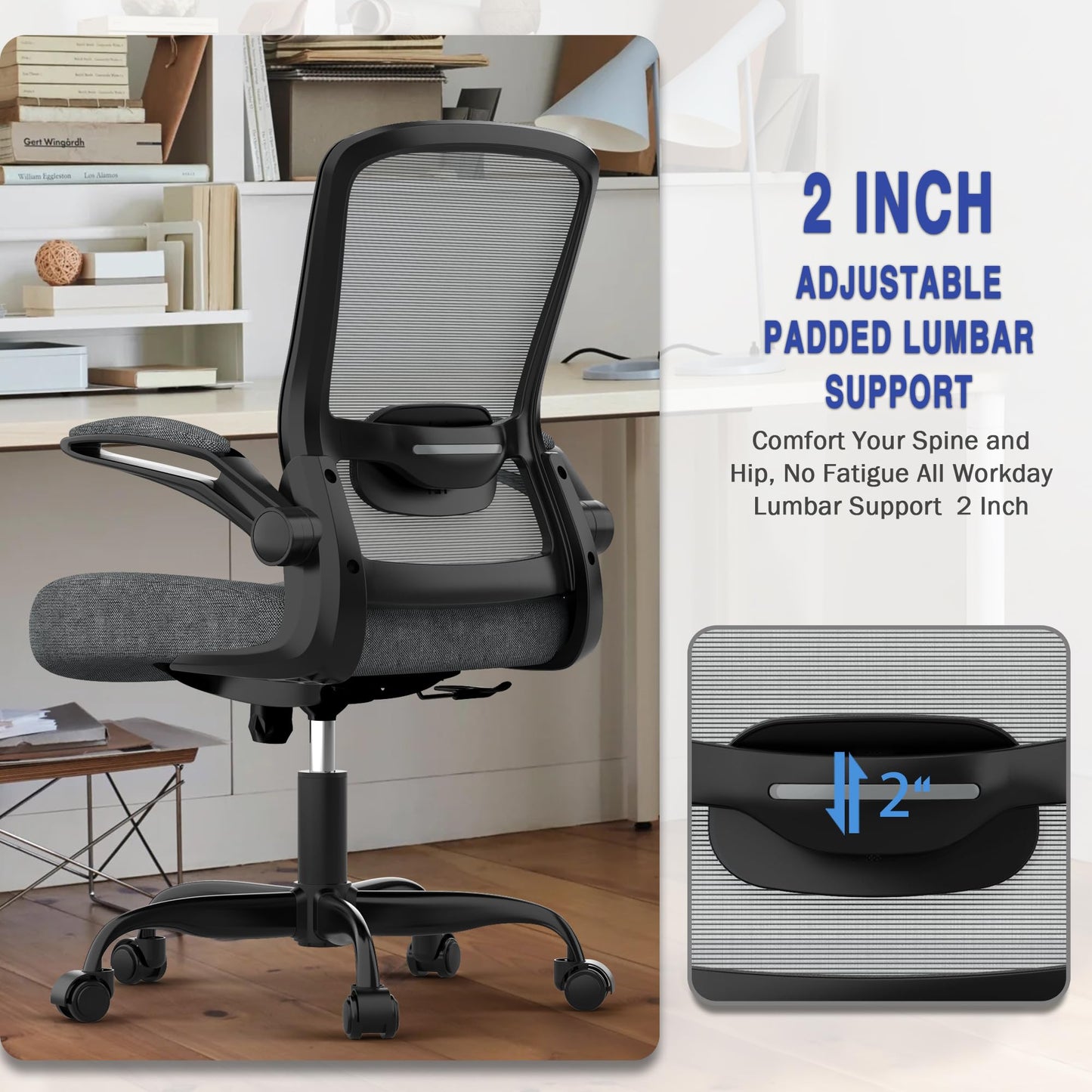 Mimoglad Ergonomic Office Chair - Desk Chair with Flip-up Armrests & 135° Recline, Adjustable Lumbar Support - Space-Saving Task Chair for Business/Team Office & Home (Iron Gray, 300lbs)