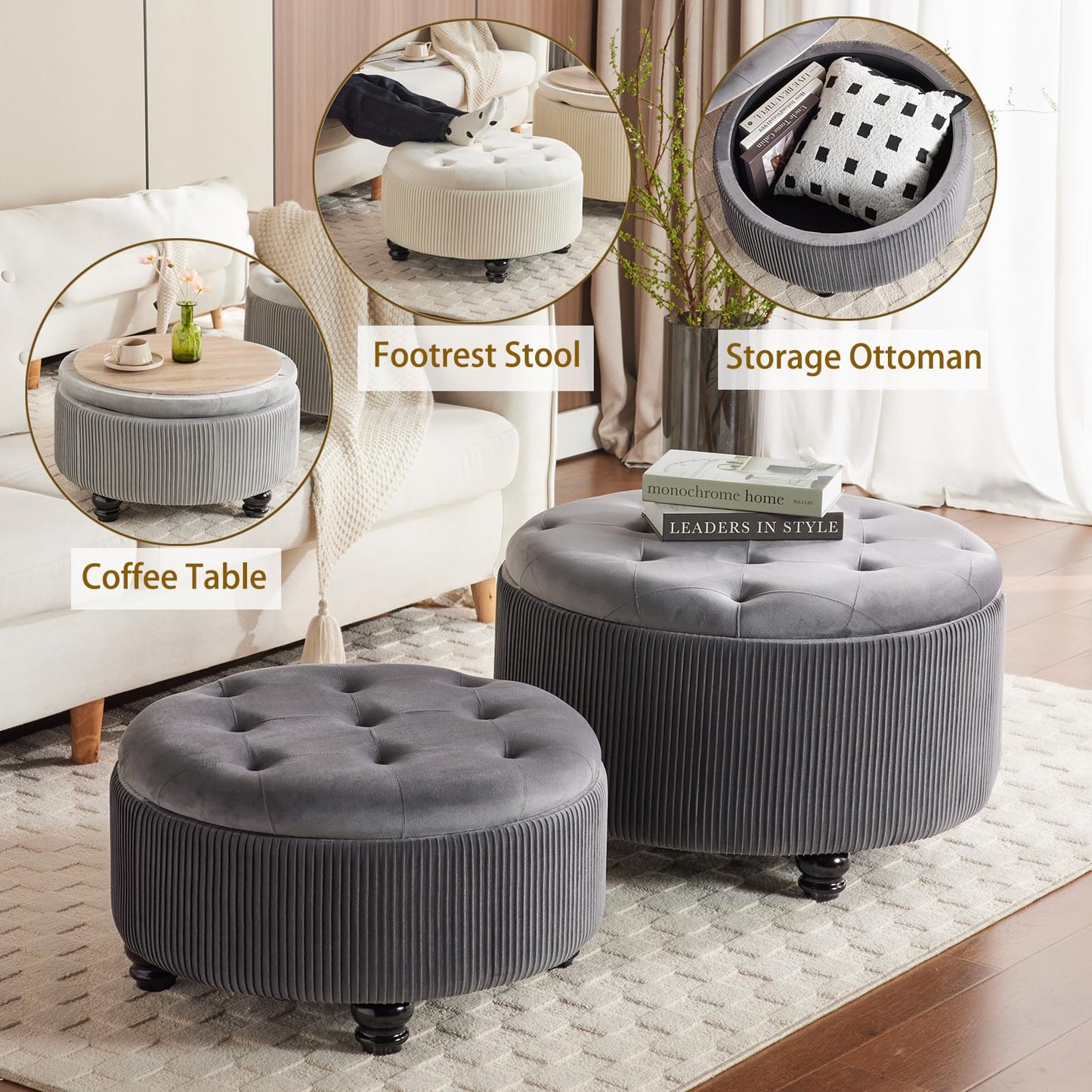 2BYF 29&24.5inch Large Round Storage Ottoman Coffee Table Set of 2 Modern Button Storage Coffee Table with Removable Lid for Living Room Upholstered Footrest Stool for Bedroom (Large-Grey)