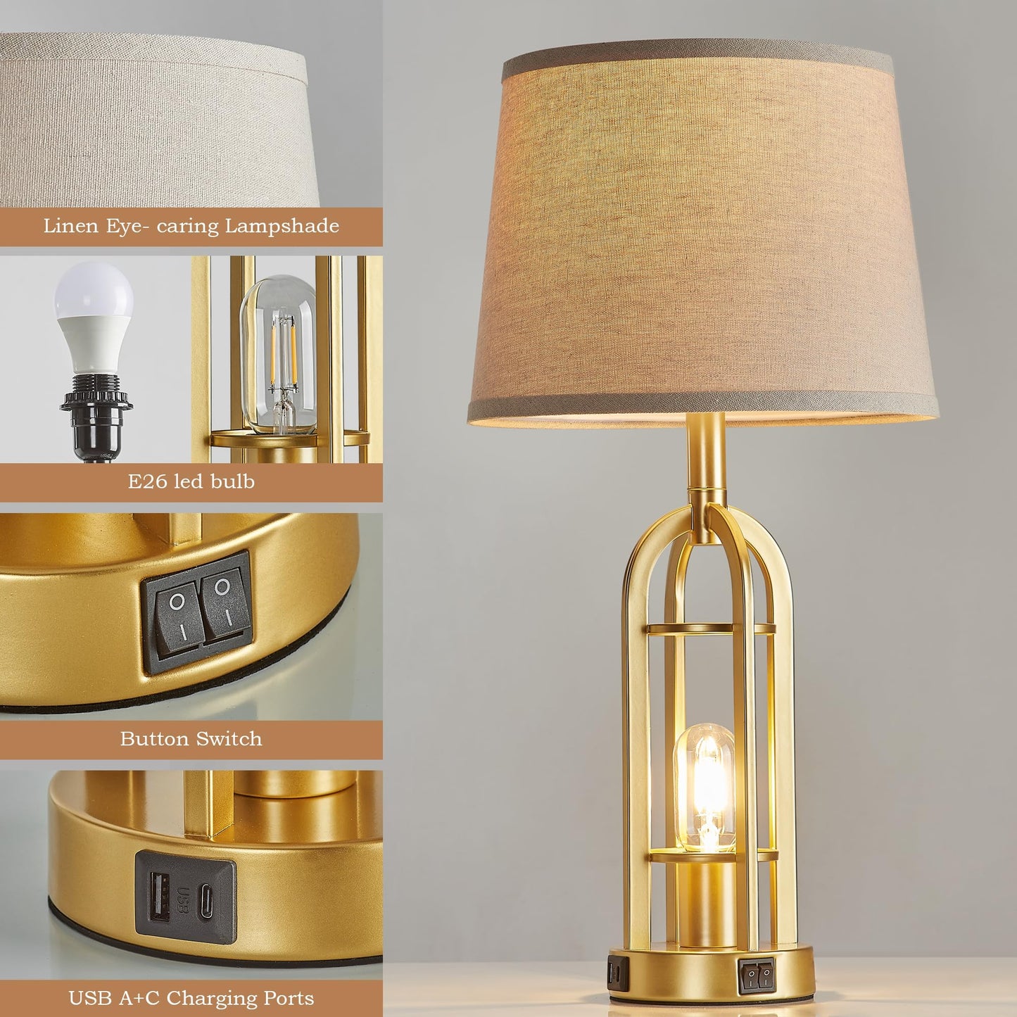 SRJJA Gold Table Lamps for Living Room Set of 2 - Modern Farmhouse Bedside Lamps for Bedroom Night Stands with Nightlight and USB A+C, Industrial Lamp for Living Room End Tables