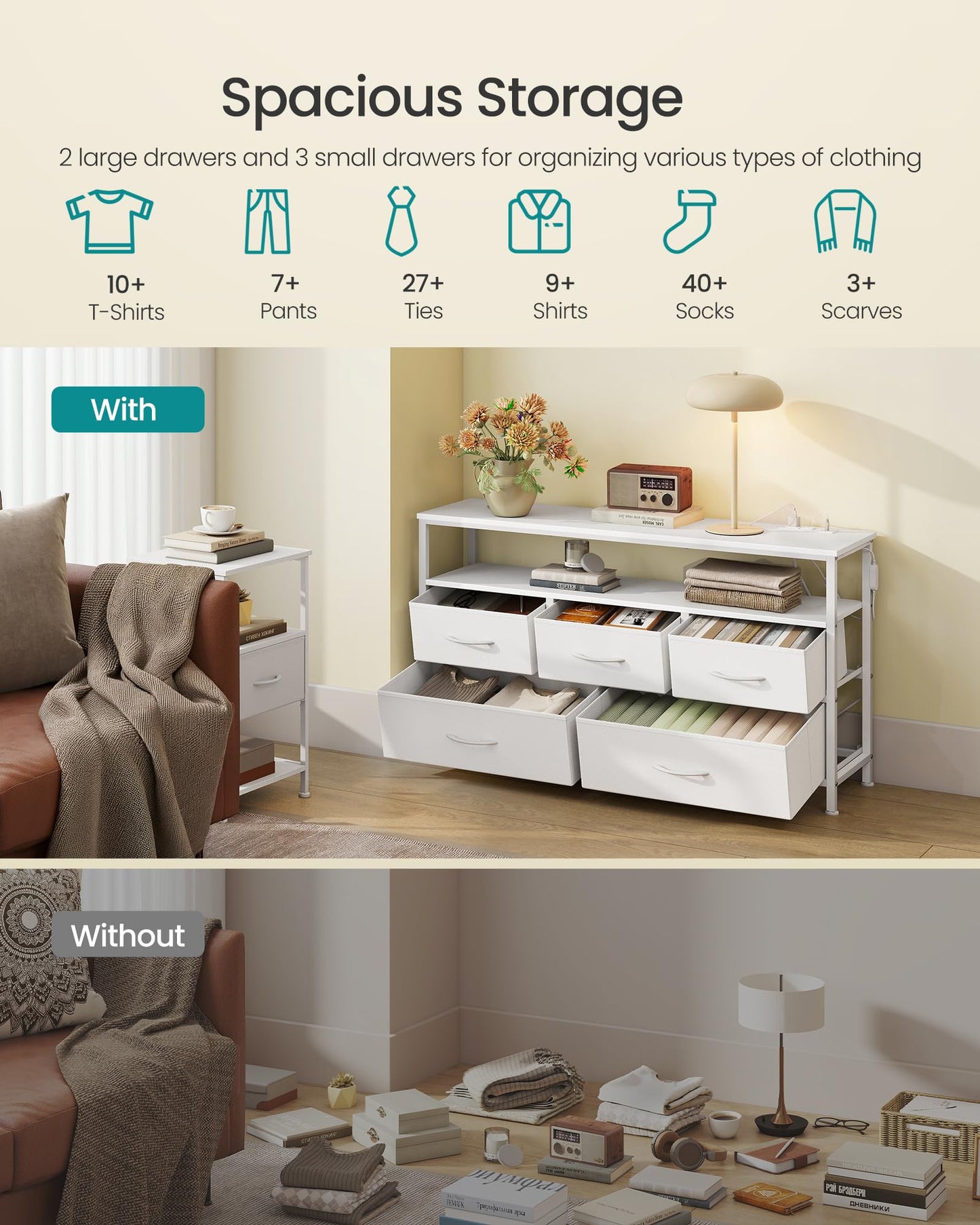 SONGMICS BELLAH Collection - Dresser for Bedroom with App-Controlled LED Lights and Charging Station, Chest of Drawers, TV Stand, 5 Drawers, Shelf, Modern, Cloud White ULGS723WH05S