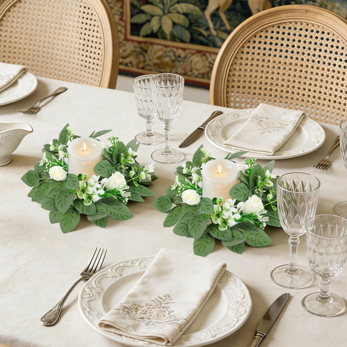 10PCS Wedding Rose Candle Rings Artificial Floral Eucalyptus Leaves Wreaths Faux Candle Rings Summer Greenery Candleholders Garland Pillar Holder for Bridal Shower Bachelorette Party Table Decor
