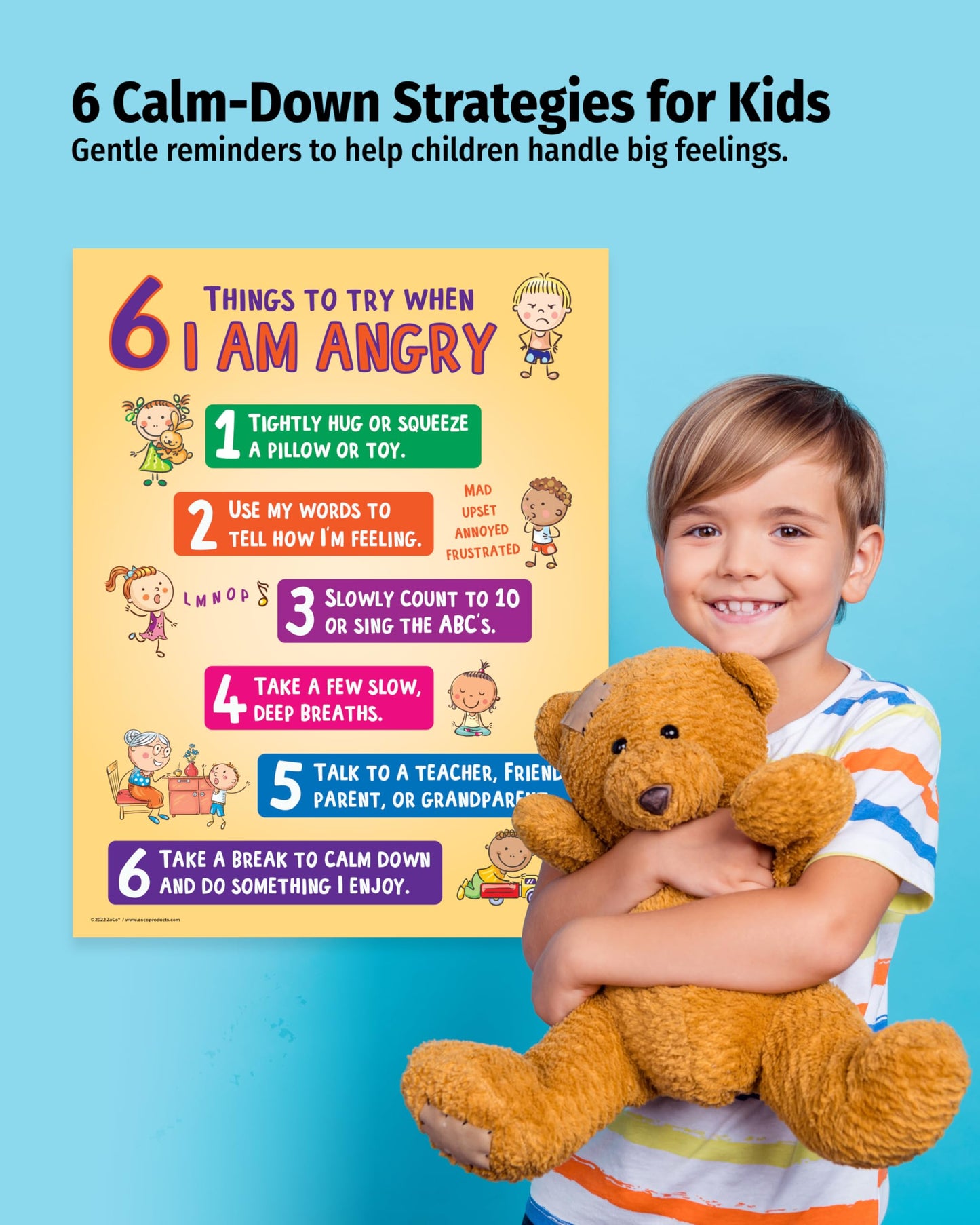 ZOCO – 6 Anger Control Strategies Posters (20-Pack) – Calm Down and Manage Emotions for Toddlers – Classroom Behavior Management for Preschool, Daycare, and Homeschool – Made in USA