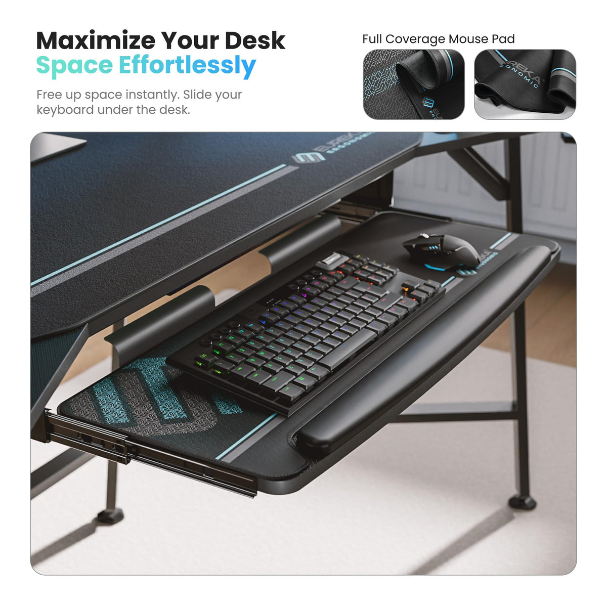 EUREKA ERGONOMIC Aero 72 Inch Gaming Desk with Keyboard Tray, Large Computer Desk Led Lights, Wing-Shaped Monitor Stand Dual Headphone Hanger Cup Holder for Studio,Streamer,Live,Black