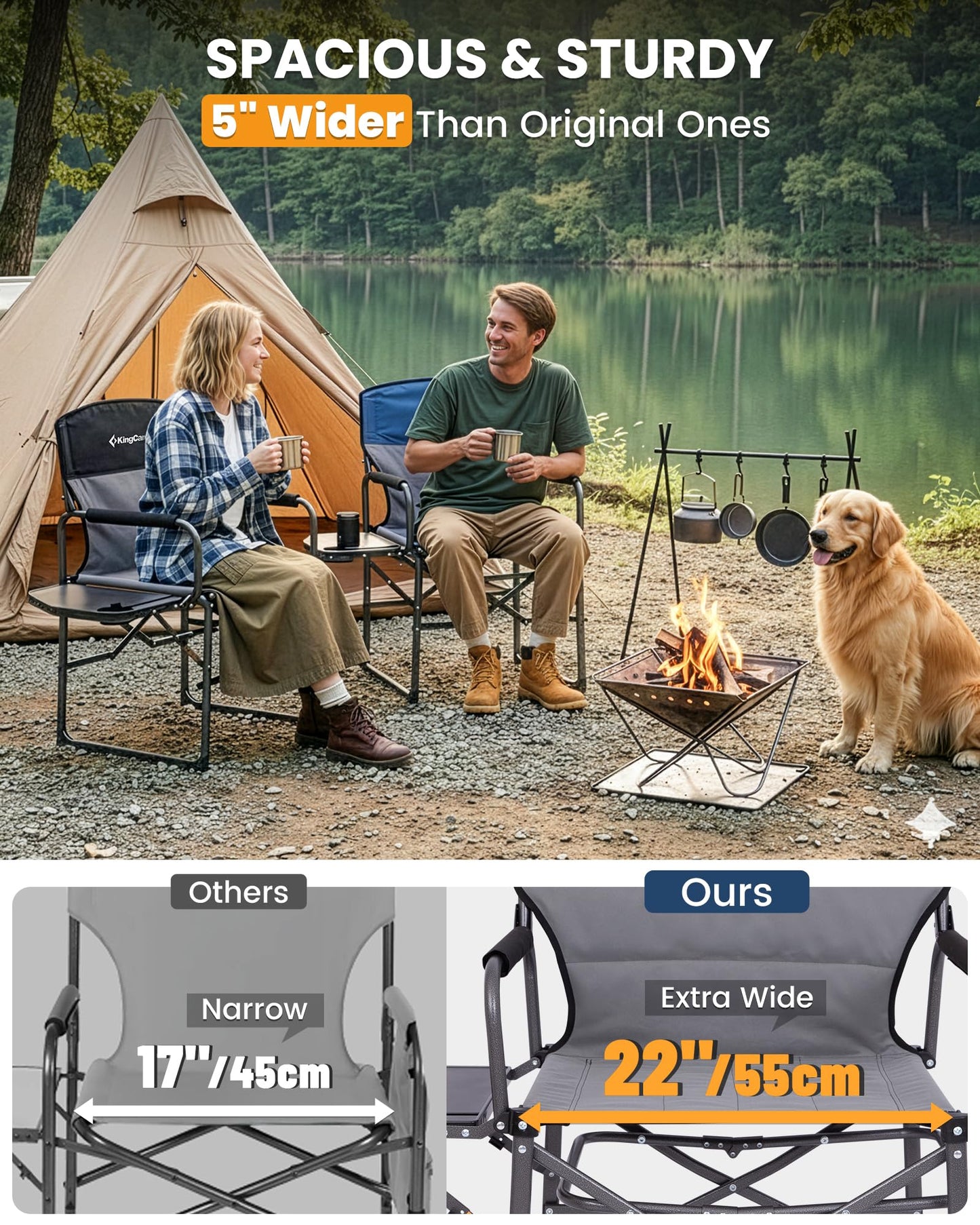 KingCamp Oversized Camping Directors Chair for Big and Tall, Heavy Duty 440lbs Folding Chairs with Side Table, Portable Padded Camp Chairs with Wide Seat & Anti-Sag Fabric for Outdoor Lawn Fishing RV