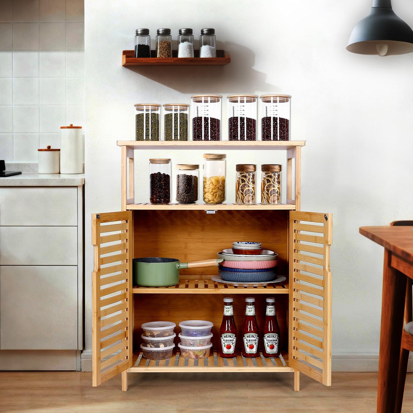 Bambition Bamboo Storage Cabinet with Doors, Floor Freestanding Cabinet with Shelves for Bathroom, Kitchen, Living Room