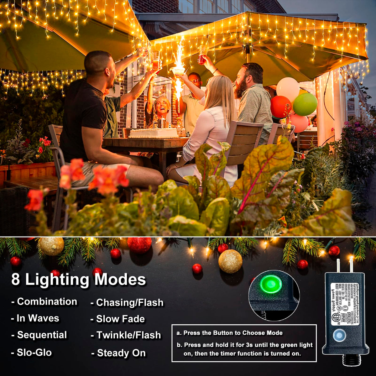Icicle Christmas Lights Outdoor - 33FT 400 LED Icicle Lights for Outside with 75 Drops 8 Modes Timers, Waterproof Connectable Hanging Lights for Indoor Roof House Yard Decorations, Warm White